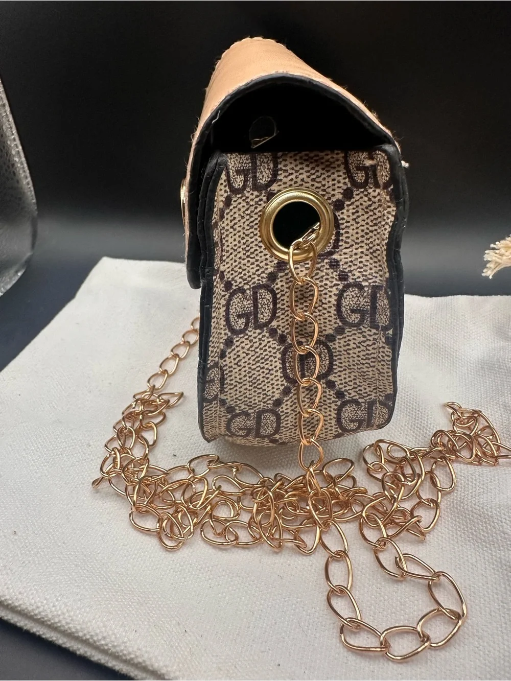 Beige Patterned Crossbody Bag with Gold Accent